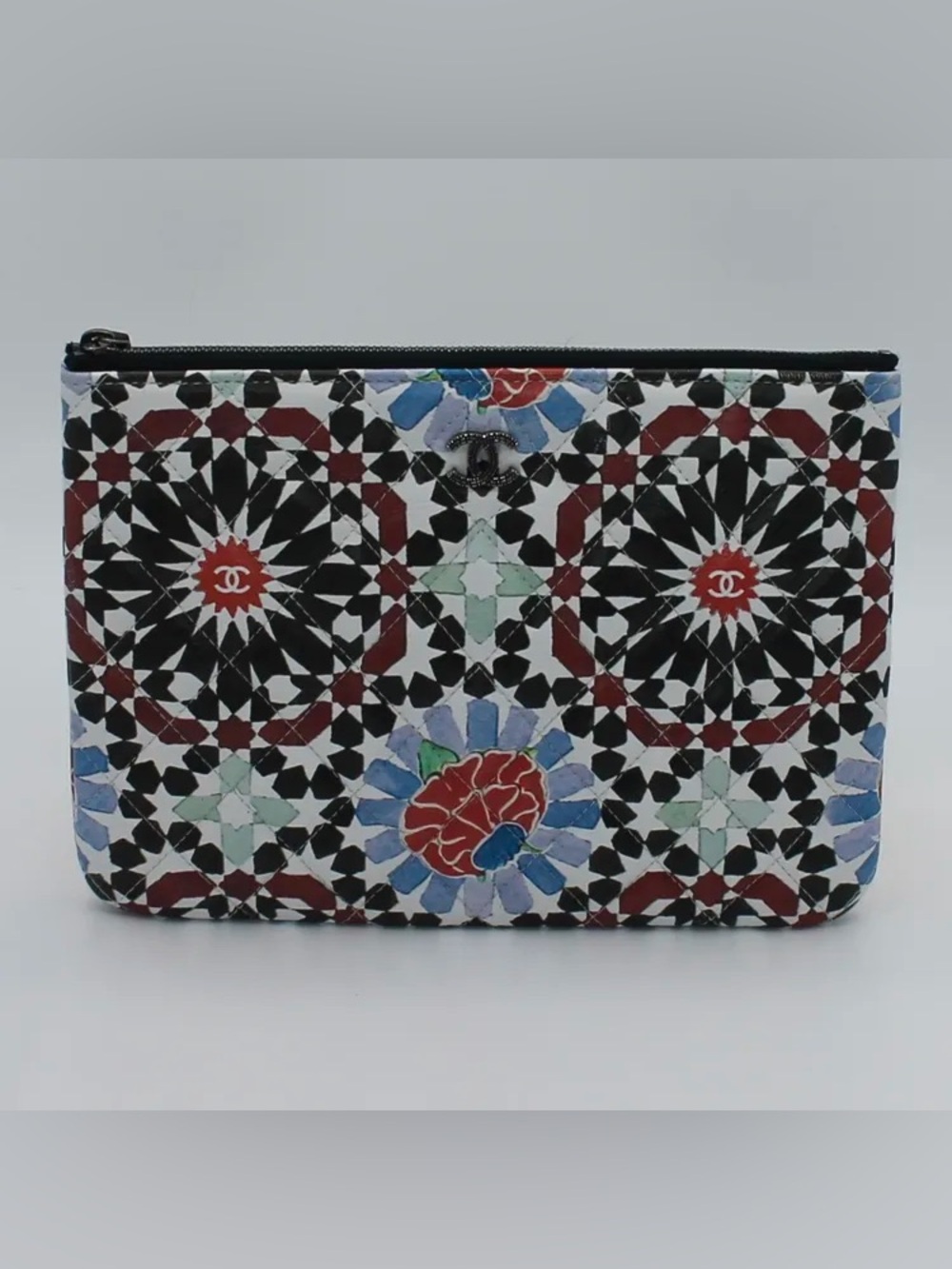 CHANEL Black Red Blue Floral Geometric Zip Pouch
